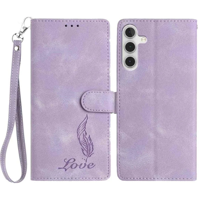 For Samsung Galaxy A35 5G Case Imprinted Feather PU Leather Wallet Phone Cover with Wrist Strap - Purple - 1