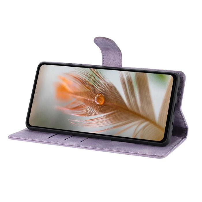 For Samsung Galaxy A35 5G Case Imprinted Feather PU Leather Wallet Phone Cover with Wrist Strap - Purple - 2