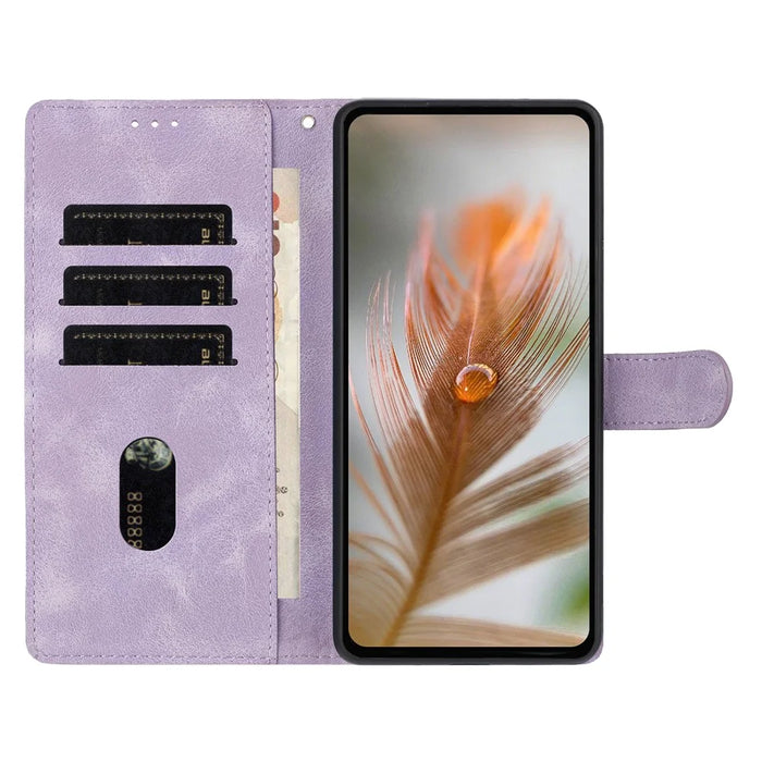 For Samsung Galaxy A35 5G Case Imprinted Feather PU Leather Wallet Phone Cover with Wrist Strap - Purple - 3