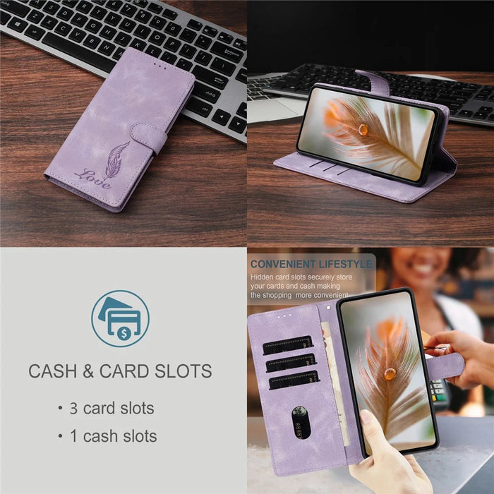 For Samsung Galaxy A35 5G Case Imprinted Feather PU Leather Wallet Phone Cover with Wrist Strap - Purple - 4