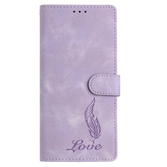 For Samsung Galaxy A35 5G Case Imprinted Feather PU Leather Wallet Phone Cover with Wrist Strap - Purple - 5