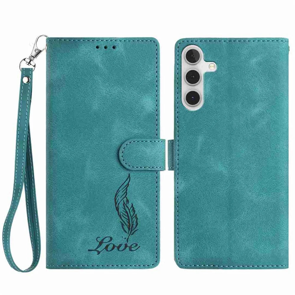 For Samsung Galaxy A54 5G Case Imprinted Feather PU Leather Wallet Phone Cover with Wrist Strap - Green - 1