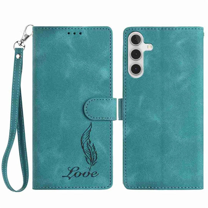 For Samsung Galaxy A54 5G Case Imprinted Feather PU Leather Wallet Phone Cover with Wrist Strap - Green - 1