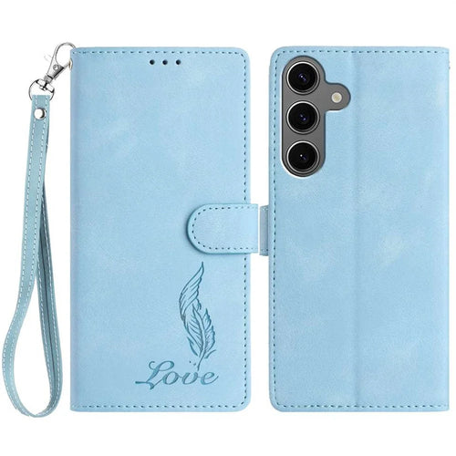 For Samsung Galaxy S25 / S24 Case Imprinted Feather PU Leather Wallet Phone Cover with Wrist Strap - Sky Blue - 1