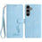 For Samsung Galaxy S25 / S24 Case Imprinted Feather PU Leather Wallet Phone Cover with Wrist Strap - Sky Blue - 1