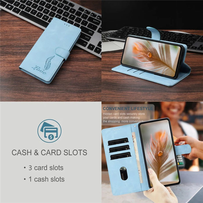 For Samsung Galaxy S25 / S24 Case Imprinted Feather PU Leather Wallet Phone Cover with Wrist Strap - Sky Blue - 4