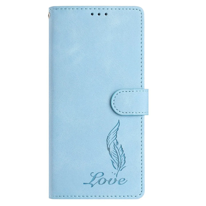For Samsung Galaxy S25 / S24 Case Imprinted Feather PU Leather Wallet Phone Cover with Wrist Strap - Sky Blue - 5