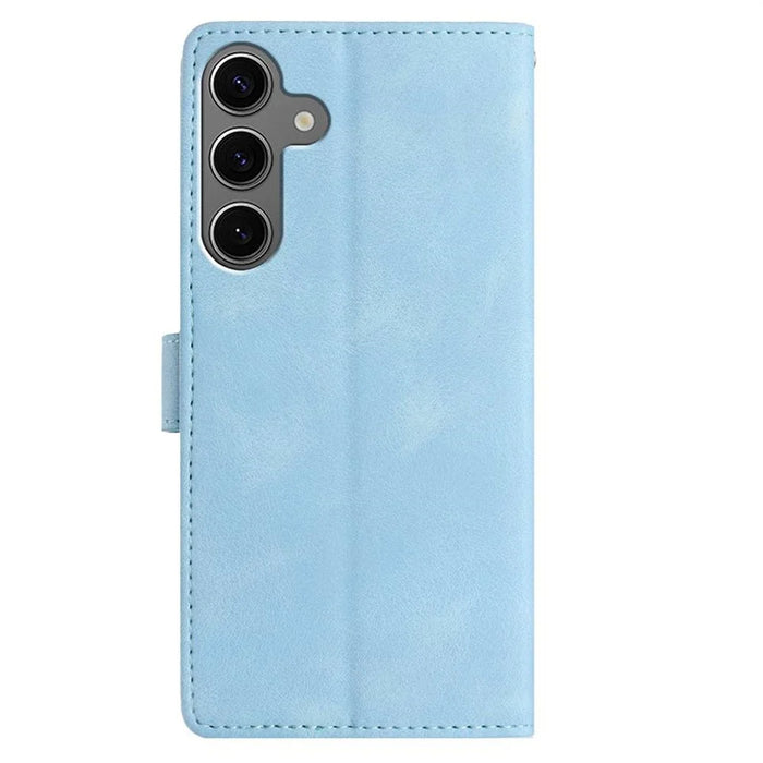 For Samsung Galaxy S25 / S24 Case Imprinted Feather PU Leather Wallet Phone Cover with Wrist Strap - Sky Blue - 6