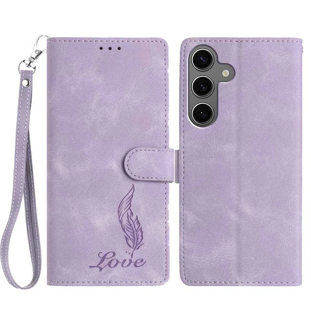 For Samsung Galaxy S25+ / S24+ Case Imprinted Feather PU Leather Wallet Phone Cover with Wrist Strap - Purple - 1