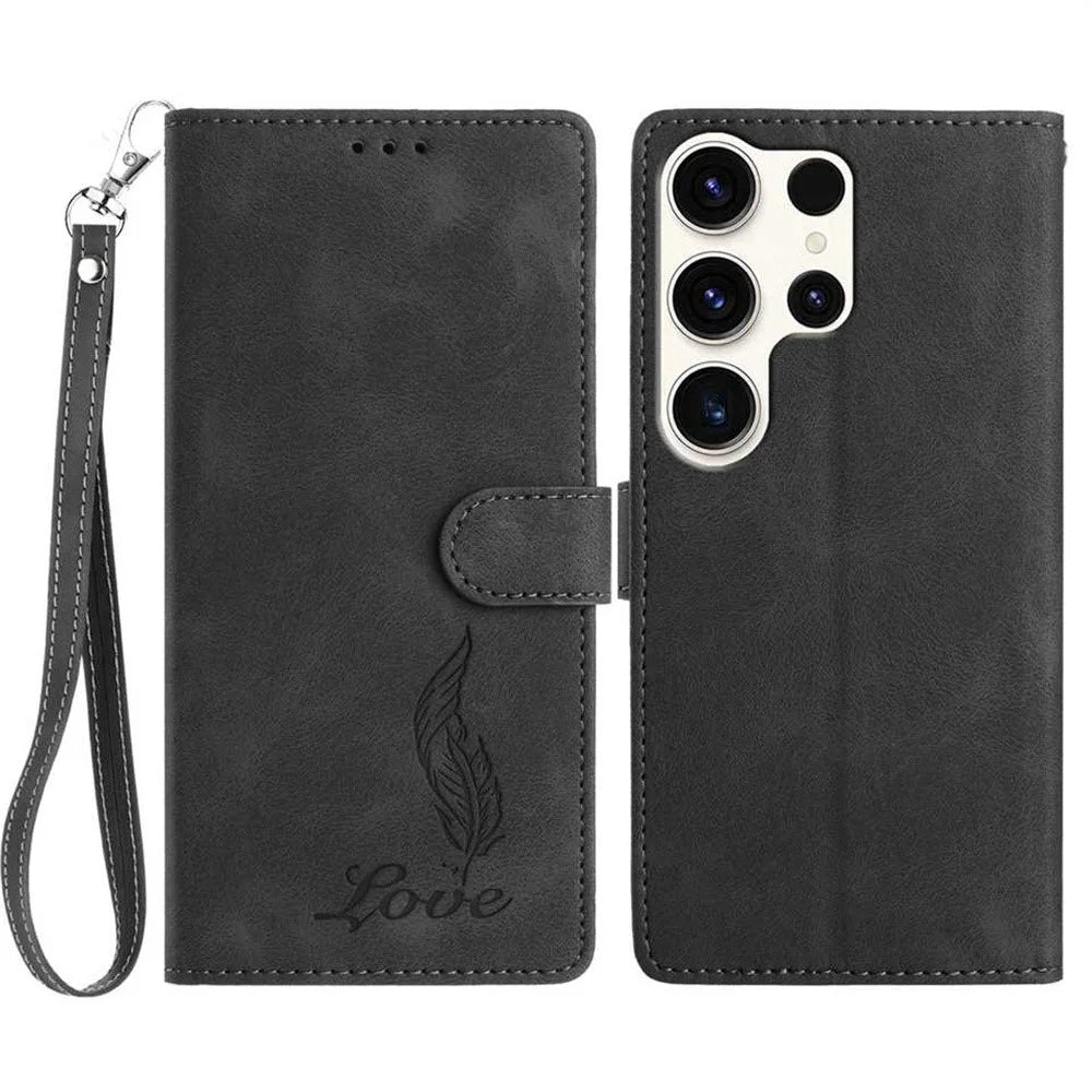 For Samsung Galaxy S25 Ultra Case Imprinted Feather PU Leather Wallet Phone Cover with Wrist Strap - Black - 1