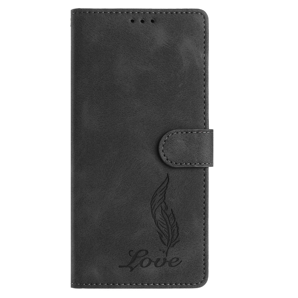 For Samsung Galaxy S25 Ultra Case Imprinted Feather PU Leather Wallet Phone Cover with Wrist Strap - Black - 5