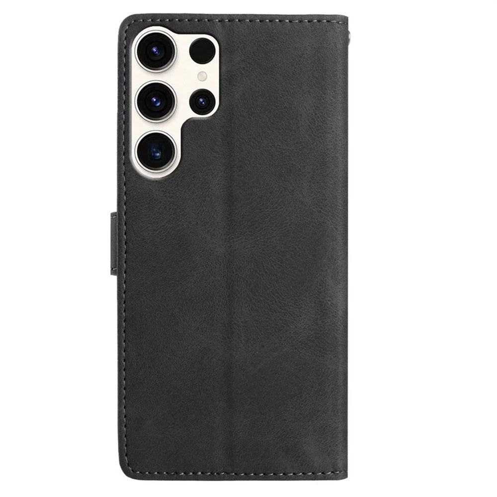 For Samsung Galaxy S25 Ultra Case Imprinted Feather PU Leather Wallet Phone Cover with Wrist Strap - Black - 6