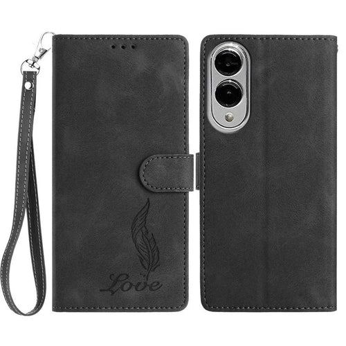 For Samsung Galaxy S25 Edge Case Imprinted Feather PU Leather Wallet Phone Cover with Wrist Strap - Black - 1