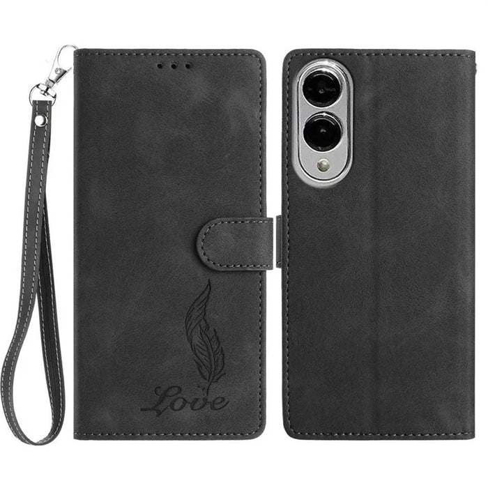 For Samsung Galaxy S25 Edge Case Imprinted Feather PU Leather Wallet Phone Cover with Wrist Strap - Black - 1