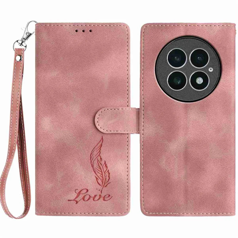 For OnePlus 13 Case Imprinted Feather PU Leather Wallet Phone Cover with Wrist Strap - Pink - 1