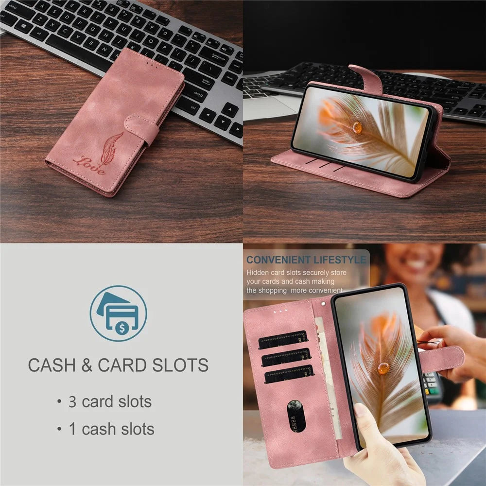 For OnePlus 13 Case Imprinted Feather PU Leather Wallet Phone Cover with Wrist Strap - Pink - 4