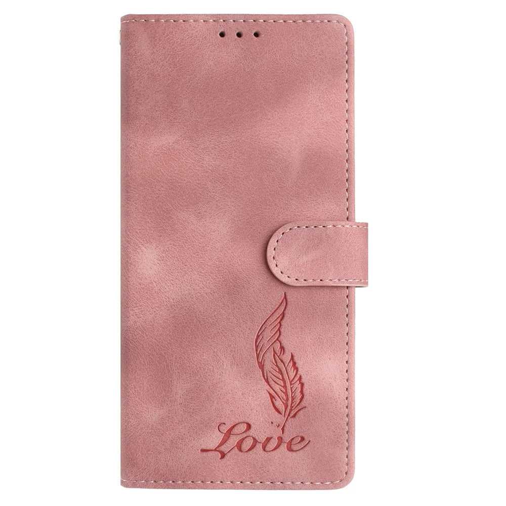 For OnePlus 13 Case Imprinted Feather PU Leather Wallet Phone Cover with Wrist Strap - Pink - 5