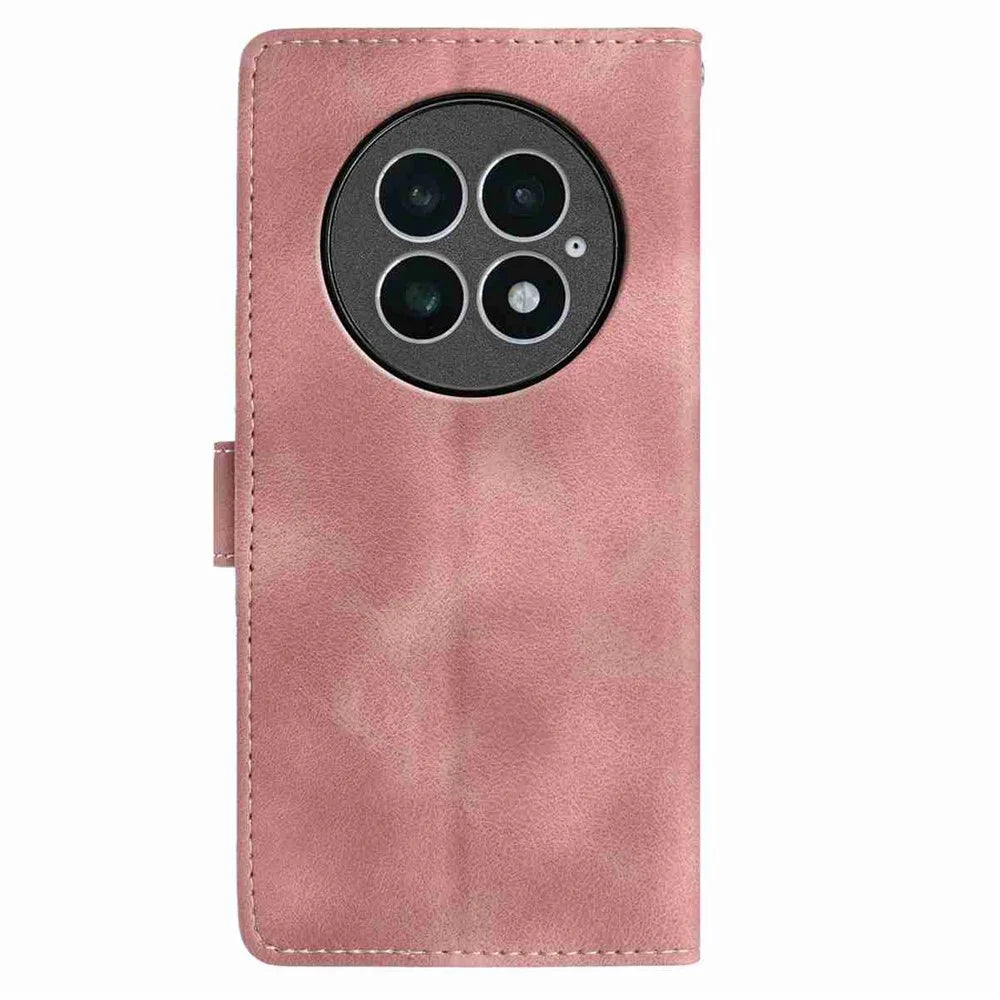 For OnePlus 13 Case Imprinted Feather PU Leather Wallet Phone Cover with Wrist Strap - Pink - 6
