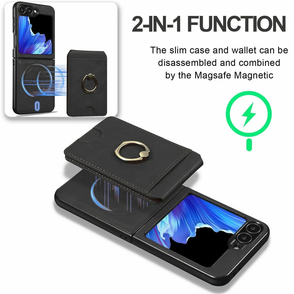 For Samsung Galaxy Z Flip5 5G Magnetic Case PC + PU Phone Back Cover with Detachable Card Holder - Black - 3