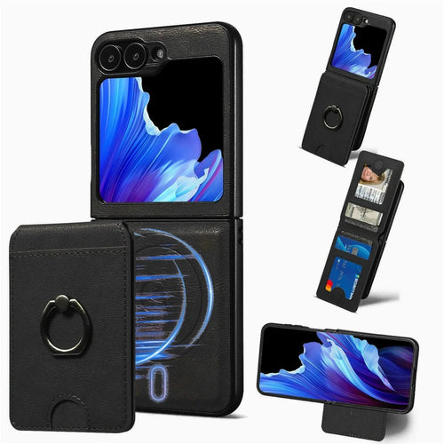 For Samsung Galaxy Z Flip7 FE 5G / Z Flip6 5G Magnetic Case PC + PU Phone Back Cover with Detachable Card Holder - Black - 1