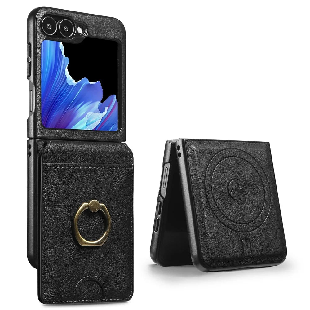 For Samsung Galaxy Z Flip7 FE 5G / Z Flip6 5G Magnetic Case PC + PU Phone Back Cover with Detachable Card Holder - Black - 2