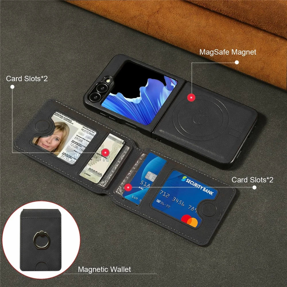 For Samsung Galaxy Z Flip7 FE 5G / Z Flip6 5G Magnetic Case PC + PU Phone Back Cover with Detachable Card Holder - Black - 5