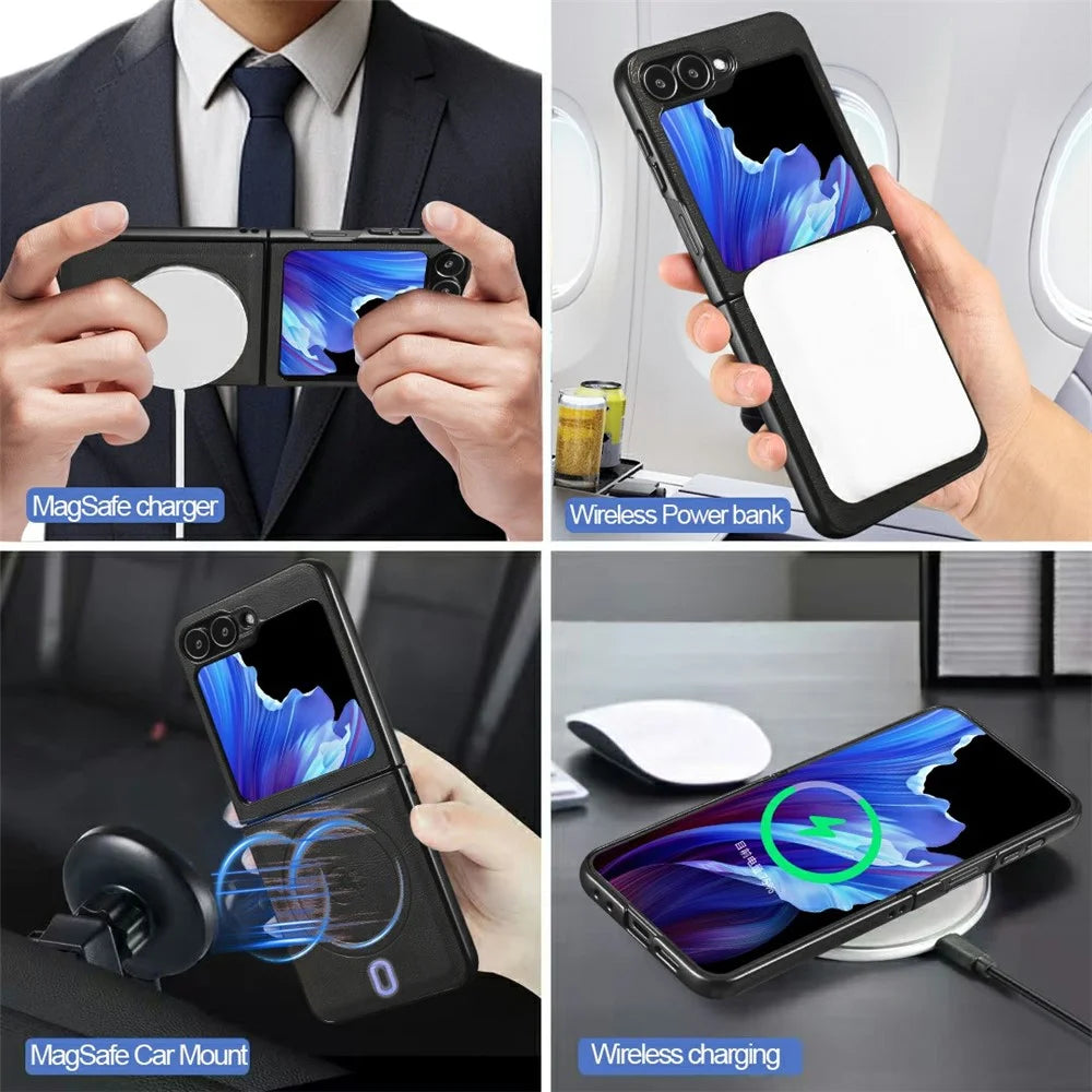 For Samsung Galaxy Z Flip7 FE 5G / Z Flip6 5G Magnetic Case PC + PU Phone Back Cover with Detachable Card Holder - Black - 6