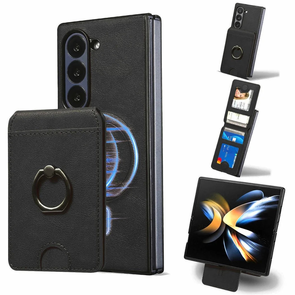 For Samsung Galaxy Z Fold5 5G Magnetic Case PC + PU Phone Back Cover with Detachable Card Holder - Black - 1