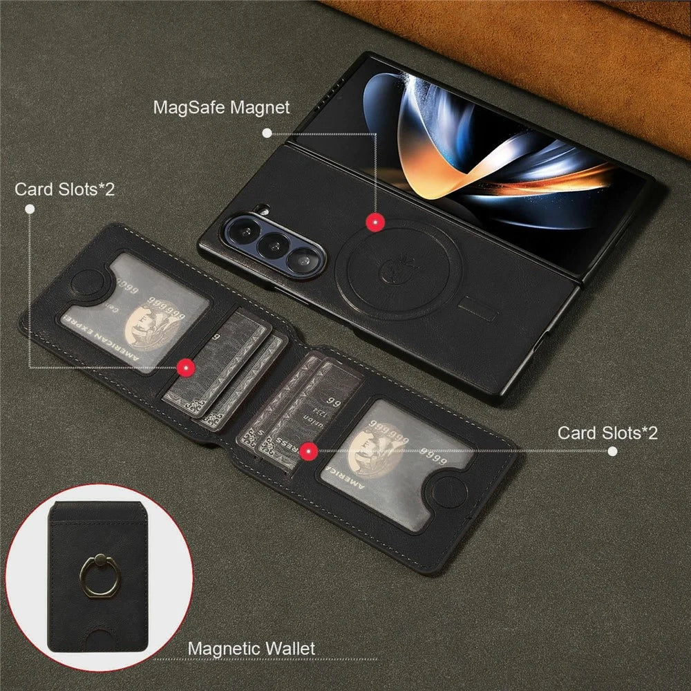 For Samsung Galaxy Z Fold5 5G Magnetic Case PC + PU Phone Back Cover with Detachable Card Holder - Black - 5