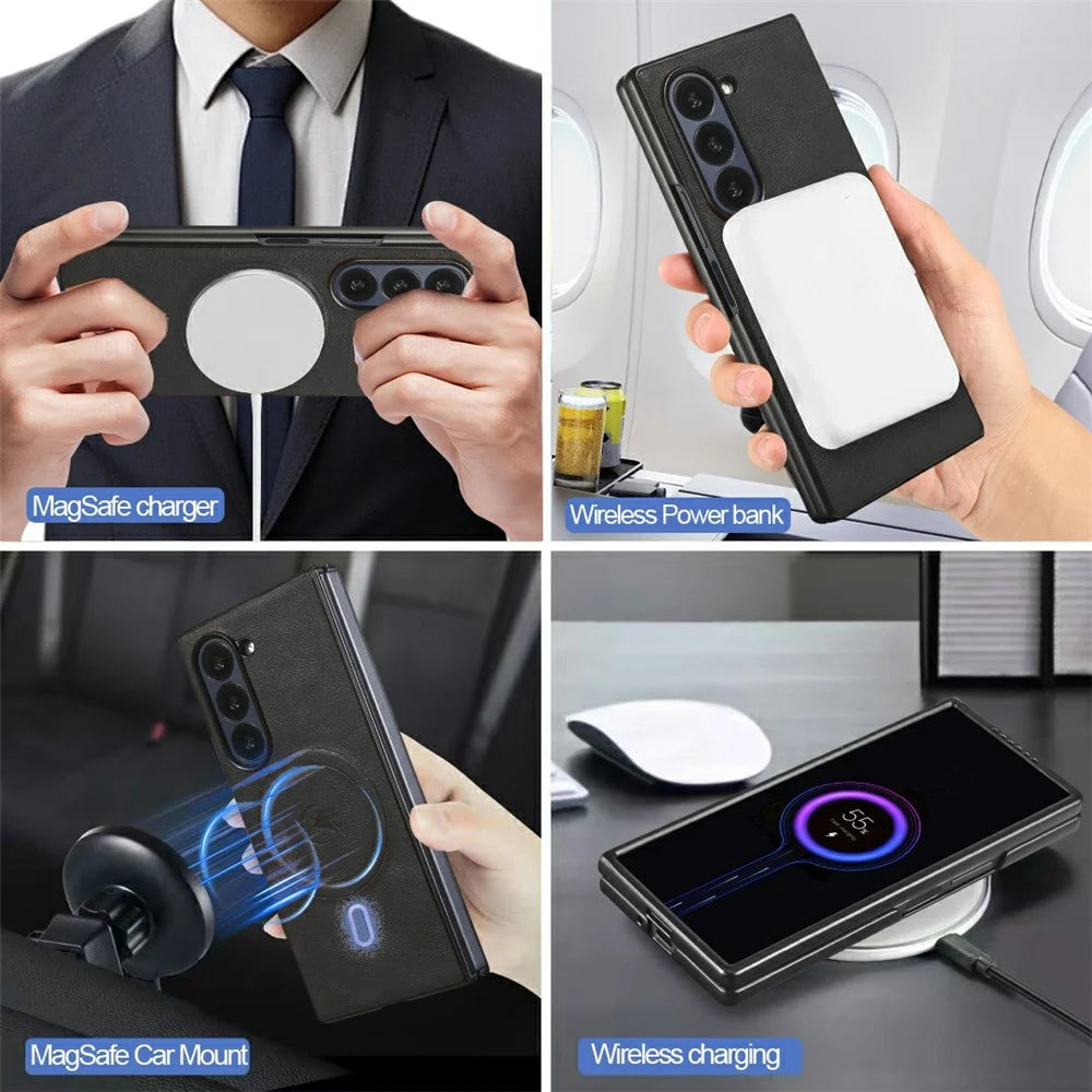 For Samsung Galaxy Z Fold6 5G Magnetic Case PC + PU Phone Back Cover with Detachable Card Holder - Black - 6