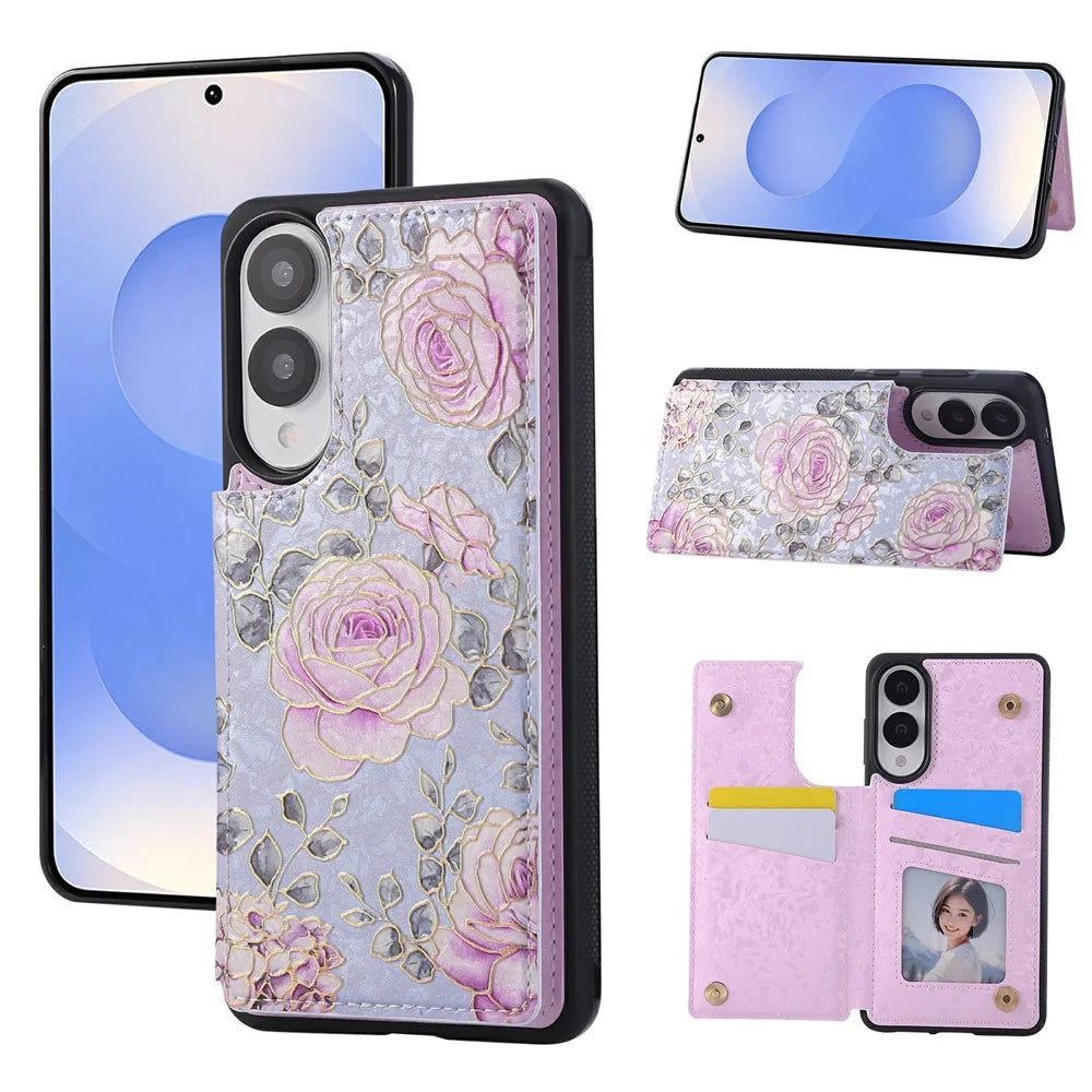 For Samsung Galaxy S25 Edge Case Flower Leather TPU RFID Blocking Phone Cover Card Slots - Rose - 1