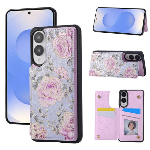 For Samsung Galaxy S25 Edge Case Flower Leather TPU RFID Blocking Phone Cover Card Slots - Rose - 1