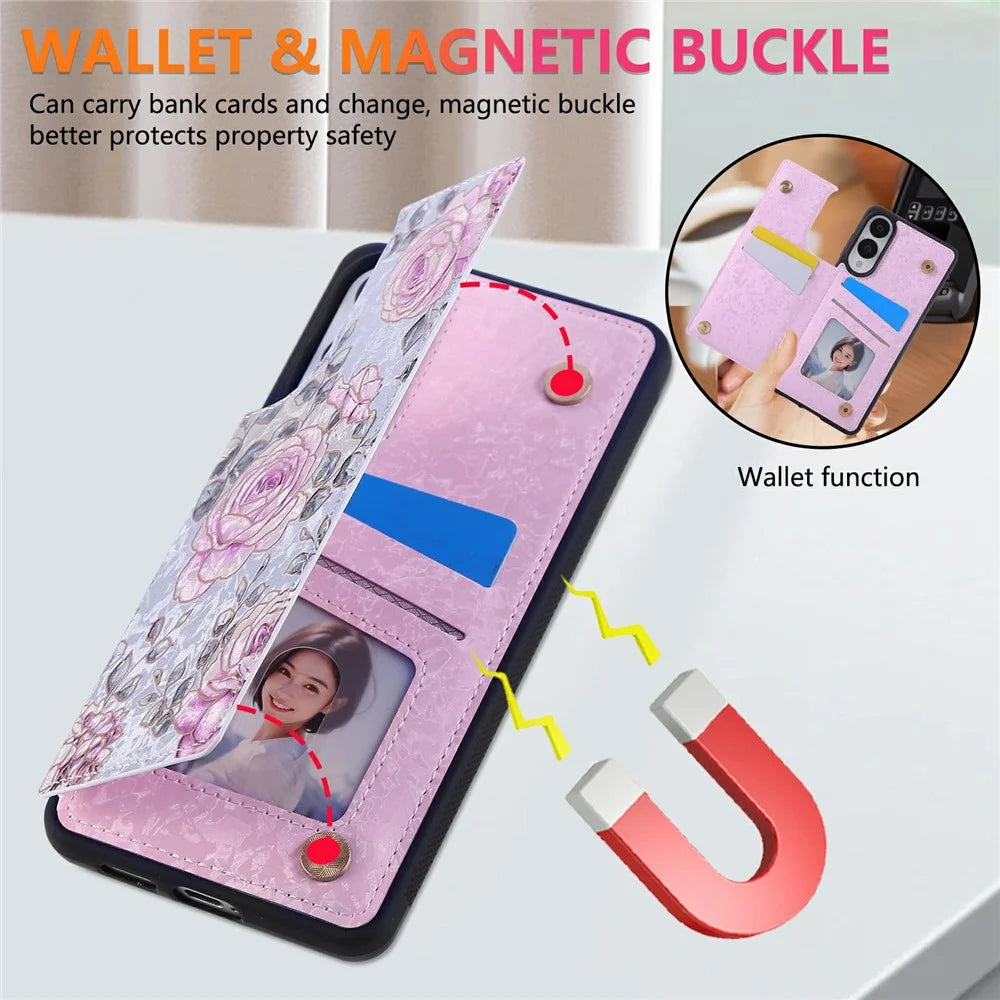 For Samsung Galaxy S25 Edge Case Flower Leather TPU RFID Blocking Phone Cover Card Slots - Rose - 5