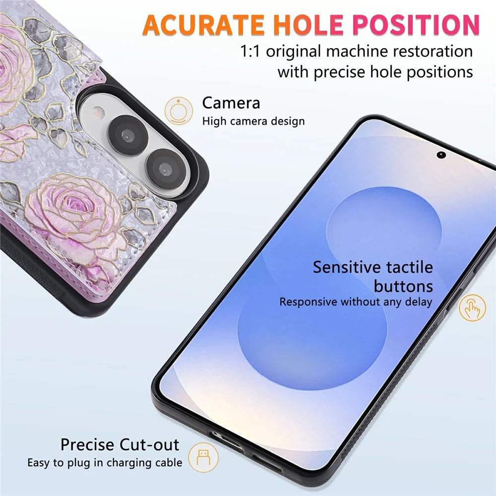 For Samsung Galaxy S25 Edge Case Flower Leather TPU RFID Blocking Phone Cover Card Slots - Rose - 7
