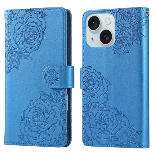 For iPhone 15 Plus / 14 Plus Case Rose Flower PU Leather Wallet Phone Cover with 3 Card Slots - Blue - 1