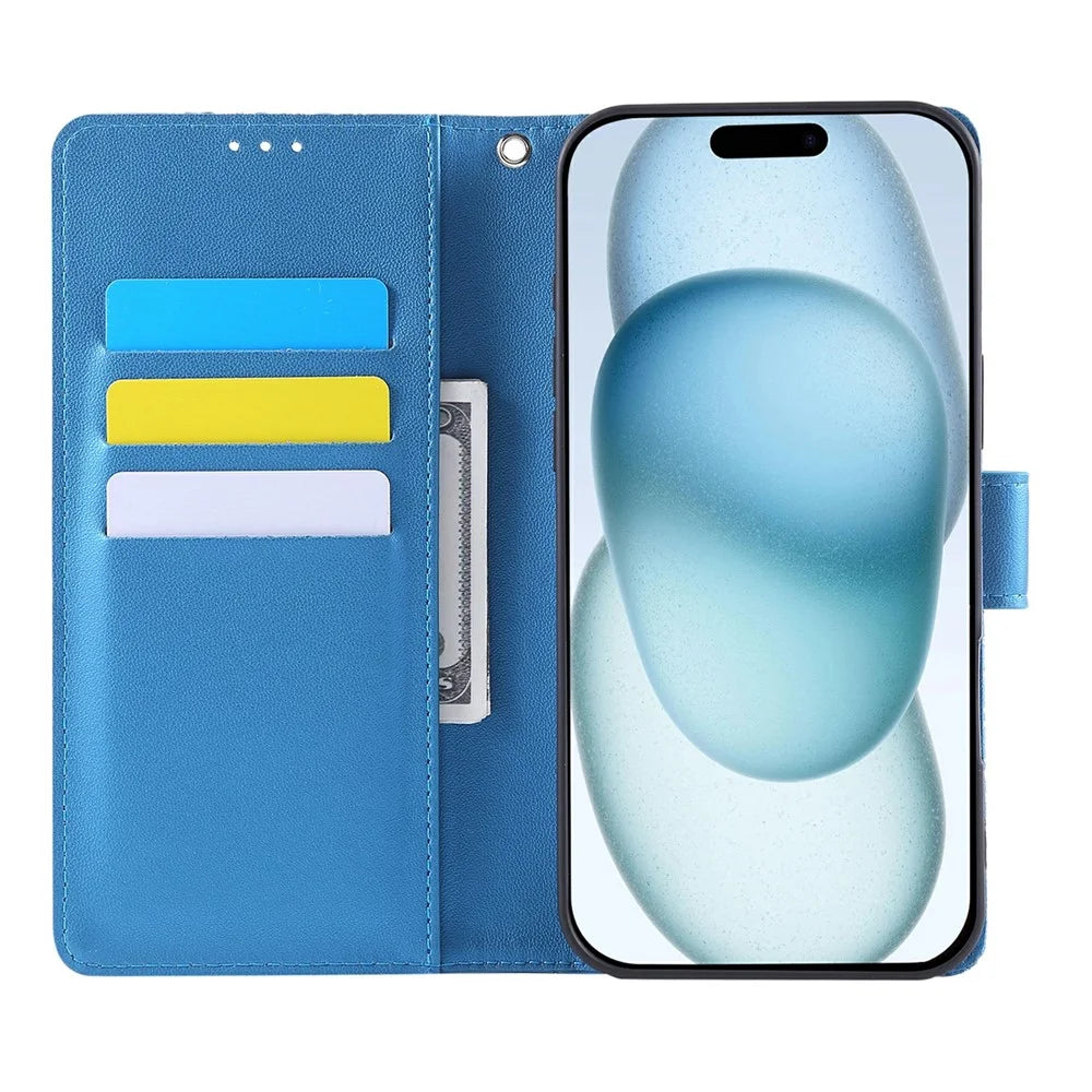 For iPhone 15 Plus / 14 Plus Case Rose Flower PU Leather Wallet Phone Cover with 3 Card Slots - Blue - 2