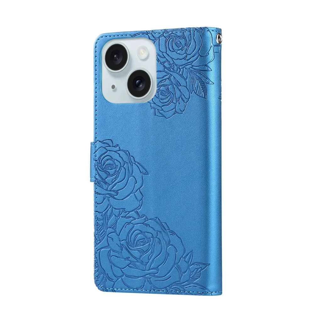 For iPhone 15 Plus / 14 Plus Case Rose Flower PU Leather Wallet Phone Cover with 3 Card Slots - Blue - 7
