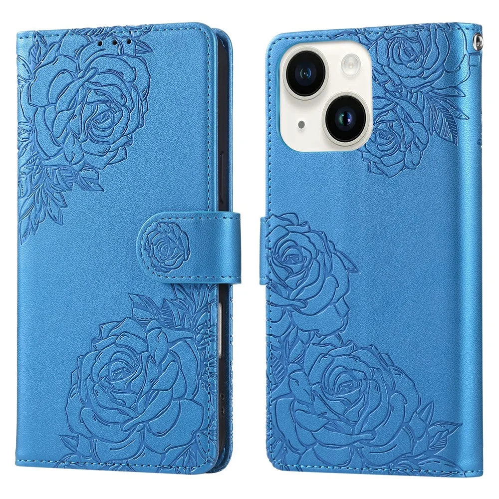 For iPhone 14 / 13 Case Rose Flower PU Leather Wallet Phone Cover with 3 Card Slots - Blue - 1
