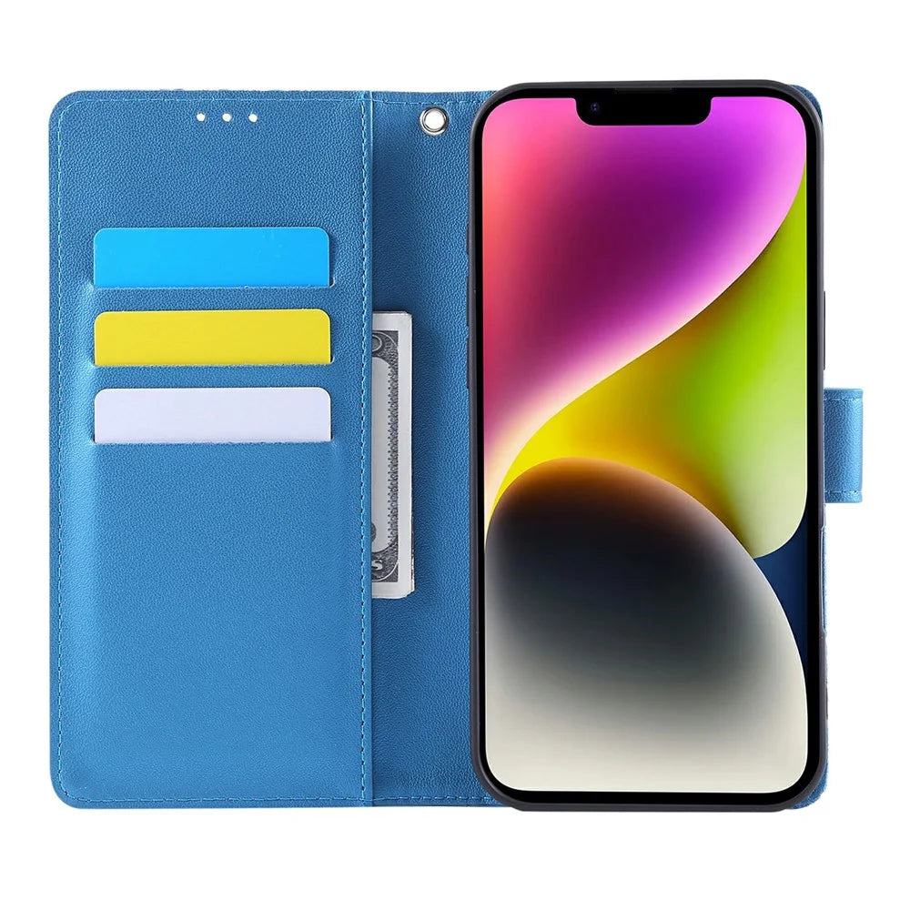 For iPhone 14 / 13 Case Rose Flower PU Leather Wallet Phone Cover with 3 Card Slots - Blue - 2