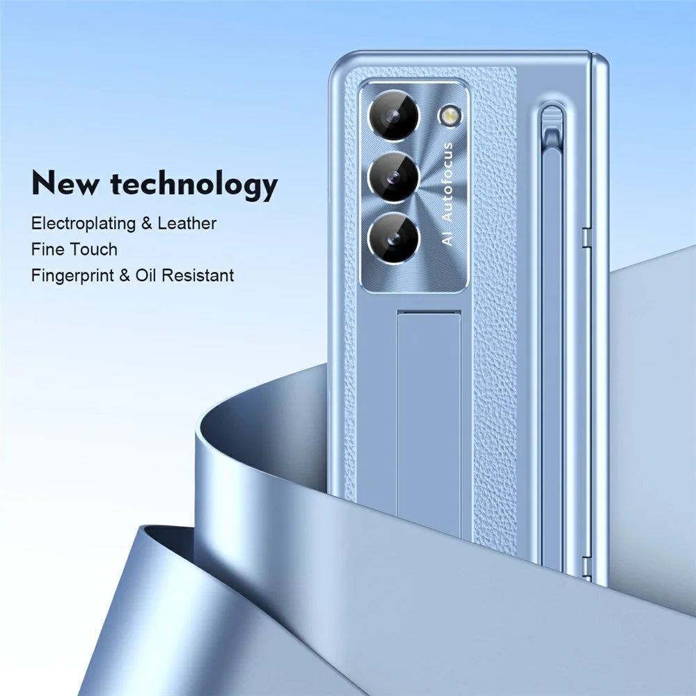 For Samsung Galaxy Z Fold6 5G Case Electroplating Edge PC + PU + Glass Film Phone Cover with Stylus - Blue - 5