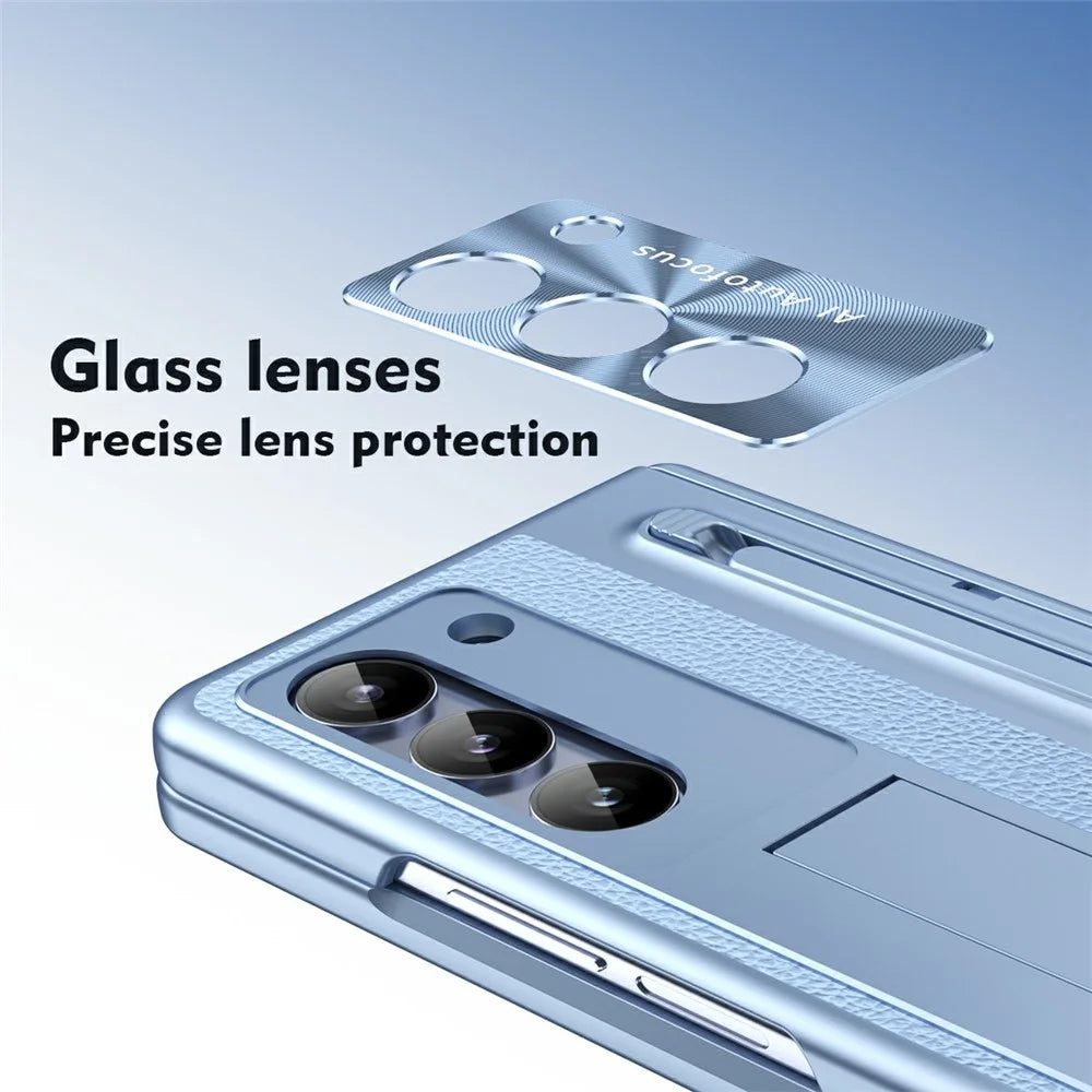 For Samsung Galaxy Z Fold5 5G Case Electroplating Edge PC + PU + Glass Film Phone Cover with Stylus - Blue - 6