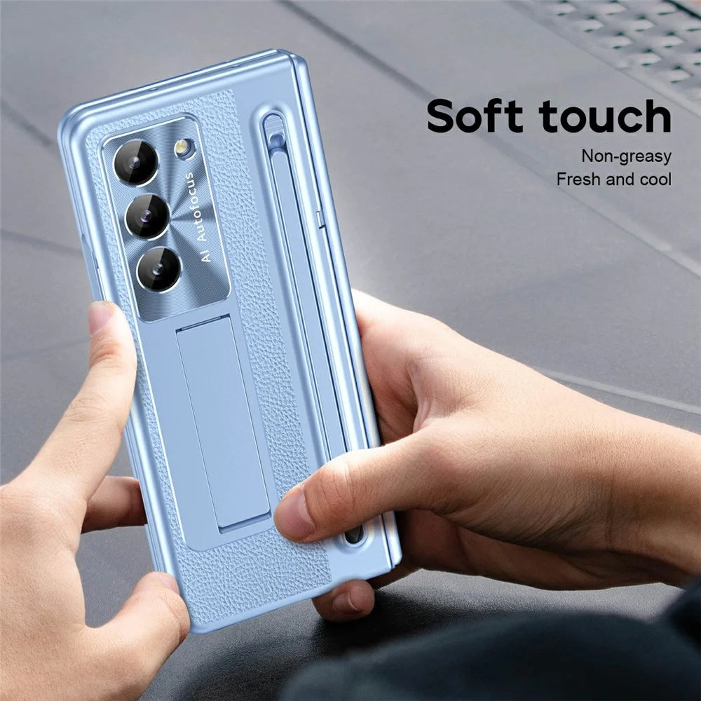 For Samsung Galaxy Z Fold5 5G Case Electroplating Edge PC + PU + Glass Film Phone Cover with Stylus - Blue - 7