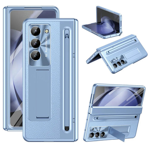 For Samsung Galaxy Z Fold5 5G Case UV Edge PC + PU + Glass Film Phone Cover with Stylus - Blue - 1