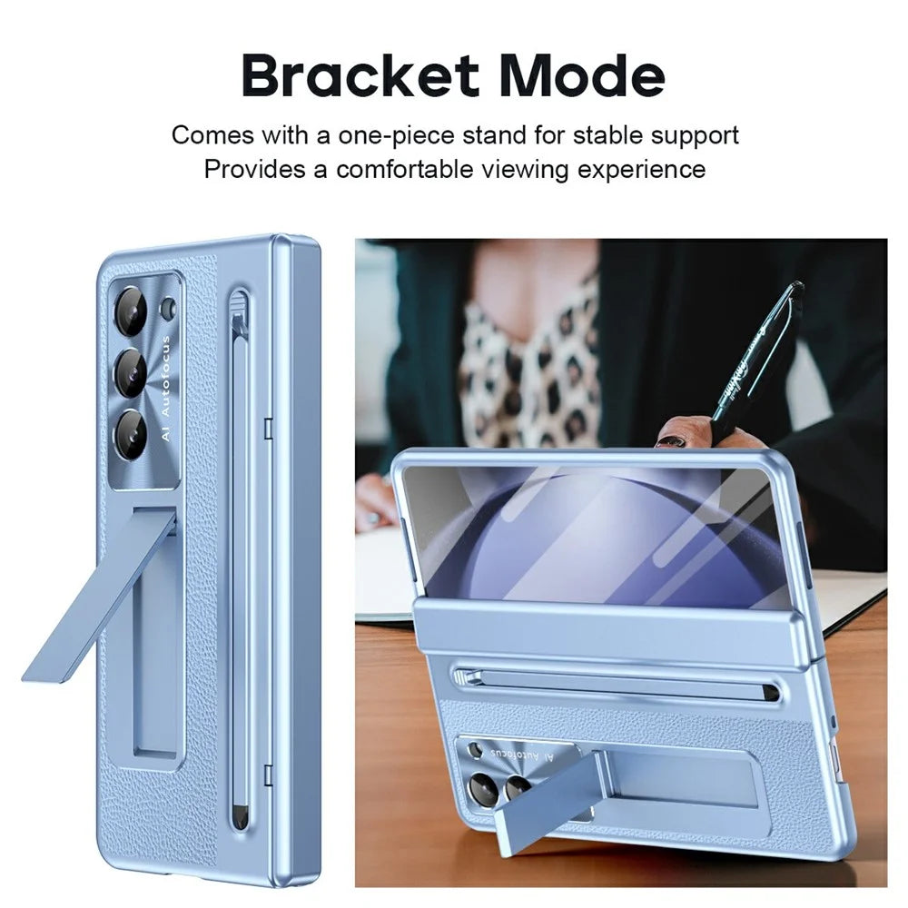For Samsung Galaxy Z Fold6 5G Case UV Edge PC + PU + Glass Film Phone Cover with Stylus - Blue - 3
