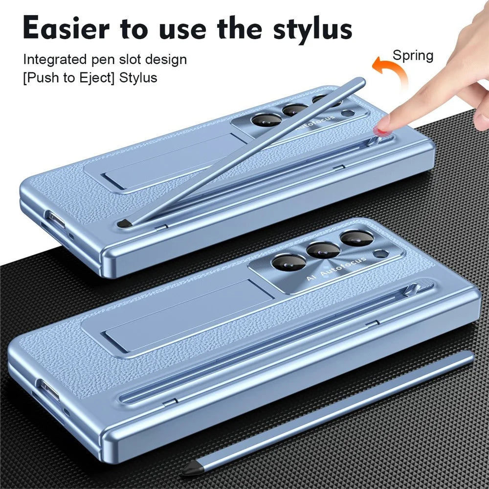 For Samsung Galaxy Z Fold6 5G Case UV Edge PC + PU + Glass Film Phone Cover with Stylus - Blue - 4