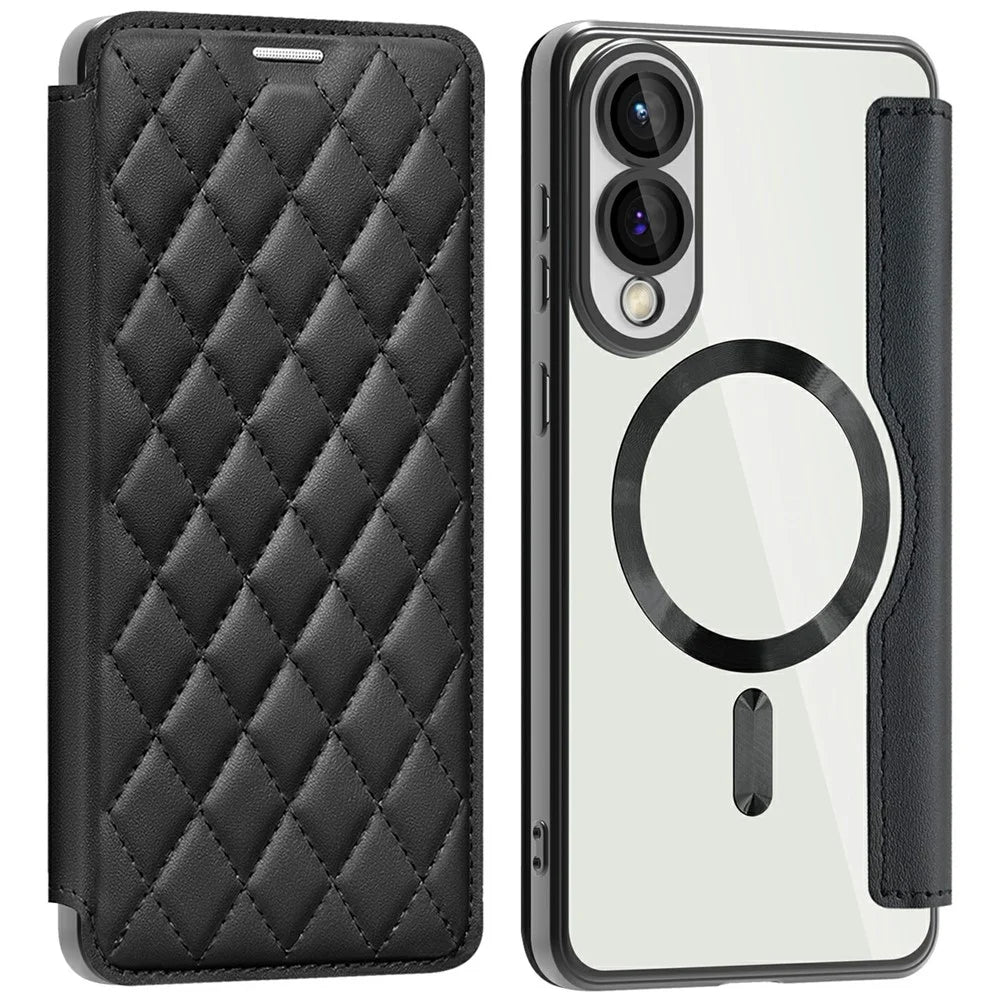 For Samsung Galaxy S25 Edge Magnetic Case Rhombus PU Leather Phone Cover - Black - 1