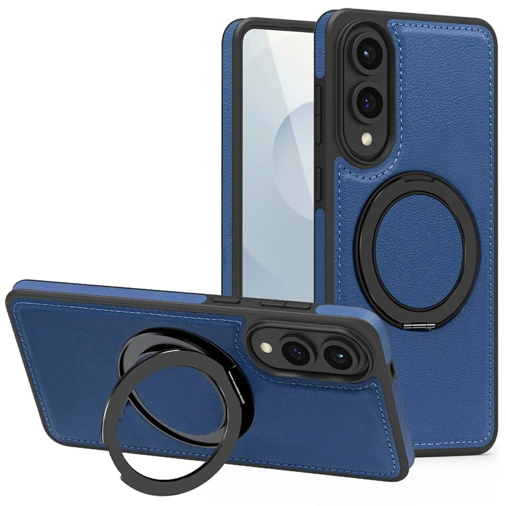 For Samsung Galaxy S25 Edge Case with Ring Kickstand Magnetic Case PU Leather Back Cover - Sapphire - 1