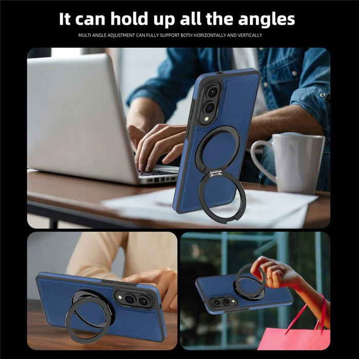 For Samsung Galaxy S25 Edge Case with Ring Kickstand Magnetic Case PU Leather Back Cover - Sapphire - 3