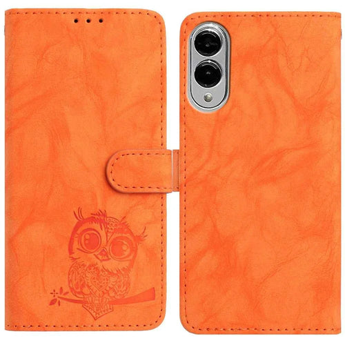 For Samsung Galaxy S25 Edge Case Owl Imprinted PU Leather Wallet Phone Cover with Wrist Strap - Orange - 1