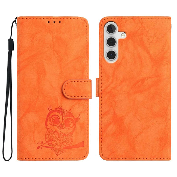 For Samsung Galaxy A36 5G Case Owl Imprinted PU Leather Wallet Phone Cover with Wrist Strap - Orange - 1